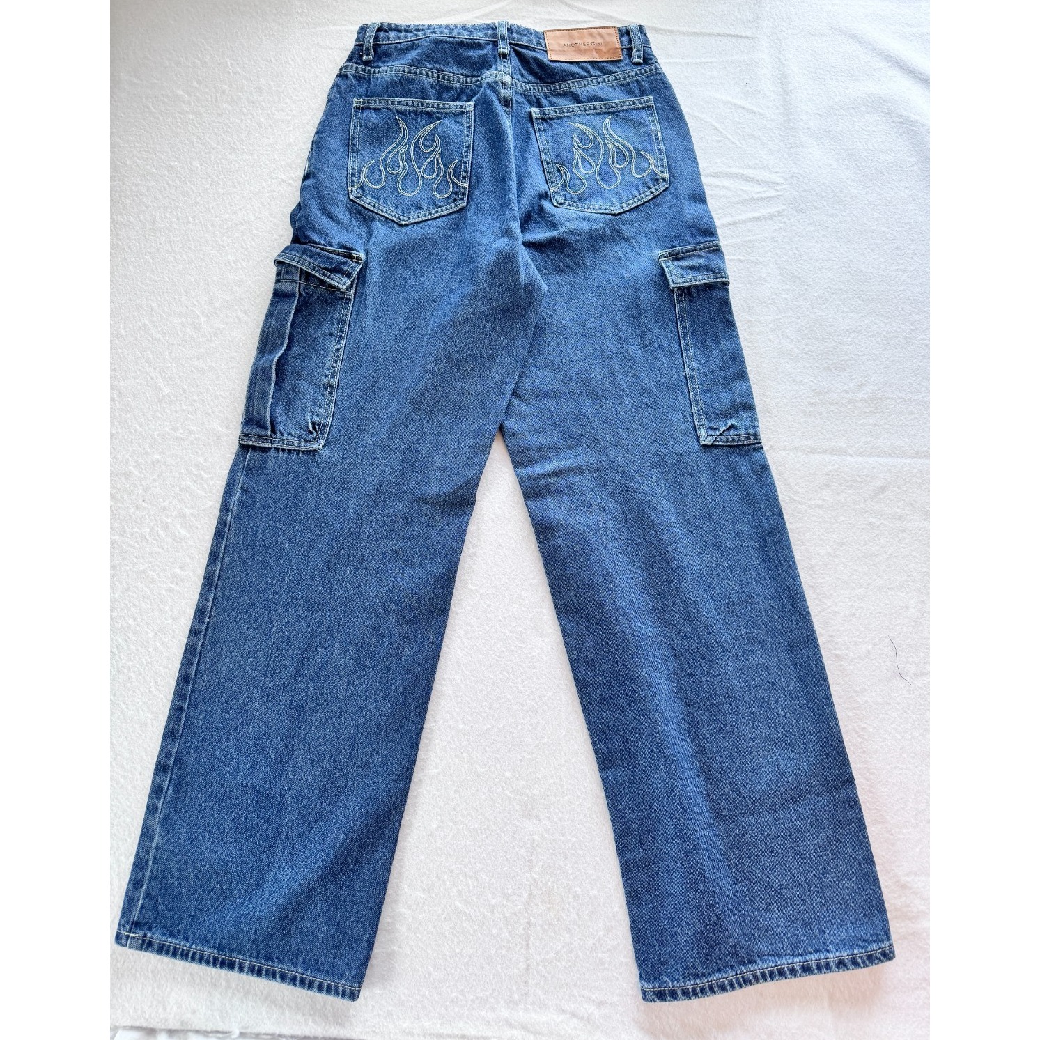 Another Girl Baggy Cargo Wide Leg High Jeans Embroidered Flame Pockets 28x31